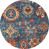 The Kaleidos Authentic Blue Washable Rug - LCC3028 features an intricate geometric and floral pattern in red, beige, and gold. Its traditional motifs and durable design make it ideal for high-traffic areas while adding vibrant style.