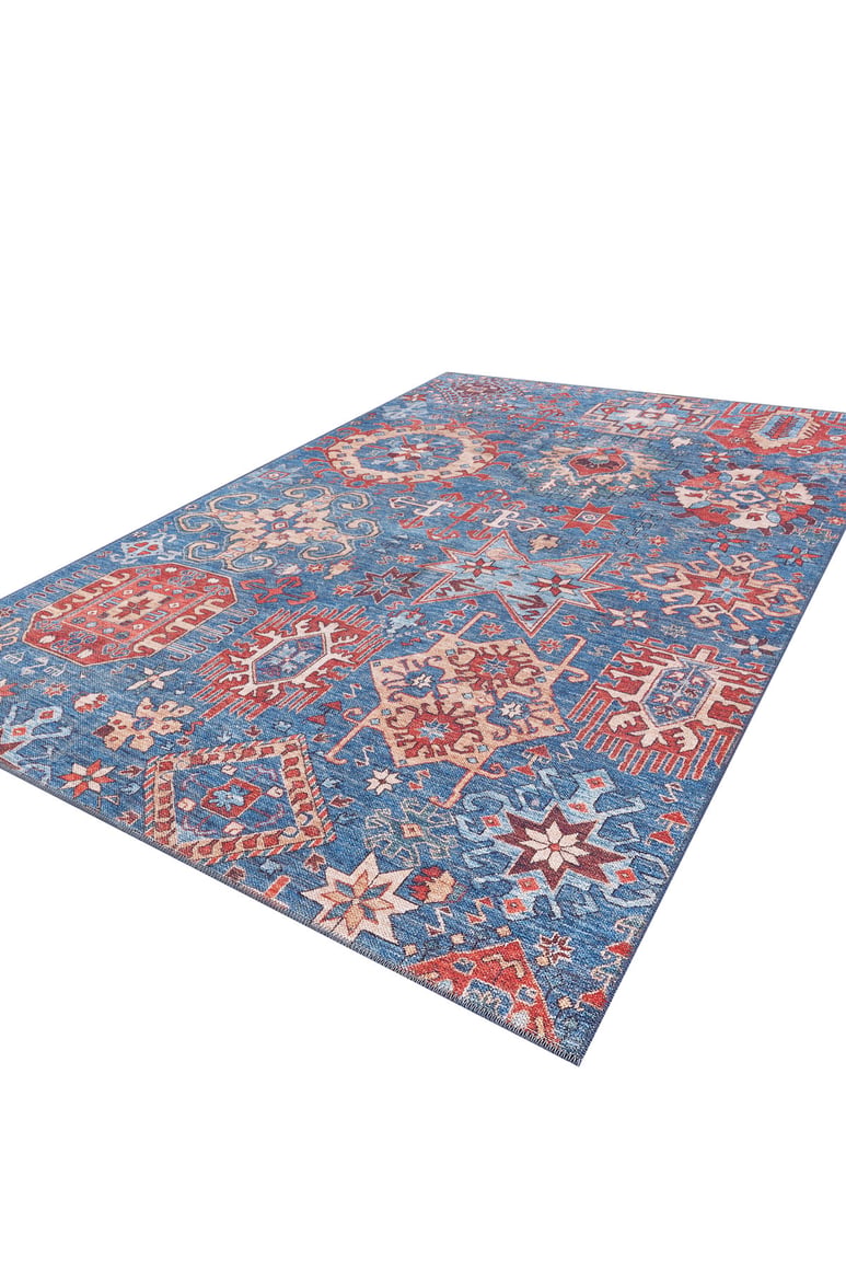The Kaleidos Authentic Blue Washable Rug (LCC3028) showcases intricate multicolored geometric and floral patterns. Displayed on a white background, this rectangular rug is ideal for high-traffic areas and easy to clean.