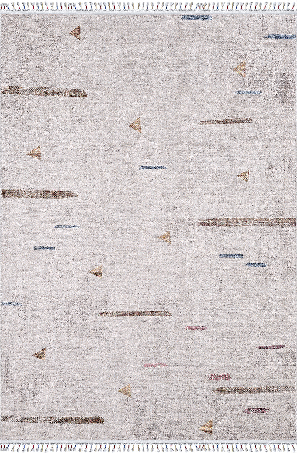 The Kaleidoscope Dreams - Washable Rug - JR5055 (Custom Size) features a light beige base with brown, blue, and red triangle and line motifs, subtle fringe ends, and a minimal abstract style—ideal for allergy-sensitive spaces or busy areas.