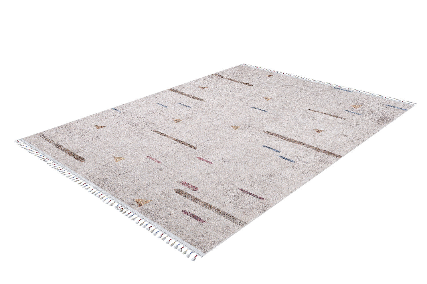 The Kaleidoscope Dreams - Washable Rug - JR5055 (Custom Size) features a rectangular beige design with short fringe, adorned with simple brown, blue, and red geometric patterns—ideal for high-traffic areas.