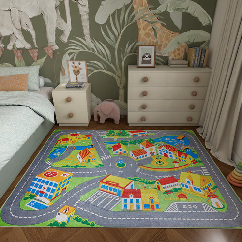Load image 1 in gallery view. A cozy children’s bedroom with jungle animal wallpaper, two dressers, a pink stuffed elephant, and the Zooming Metropolis - Machine-Washable Rug JRC012 featuring colorful roads, cars, and buildings—perfect for high-traffic areas.