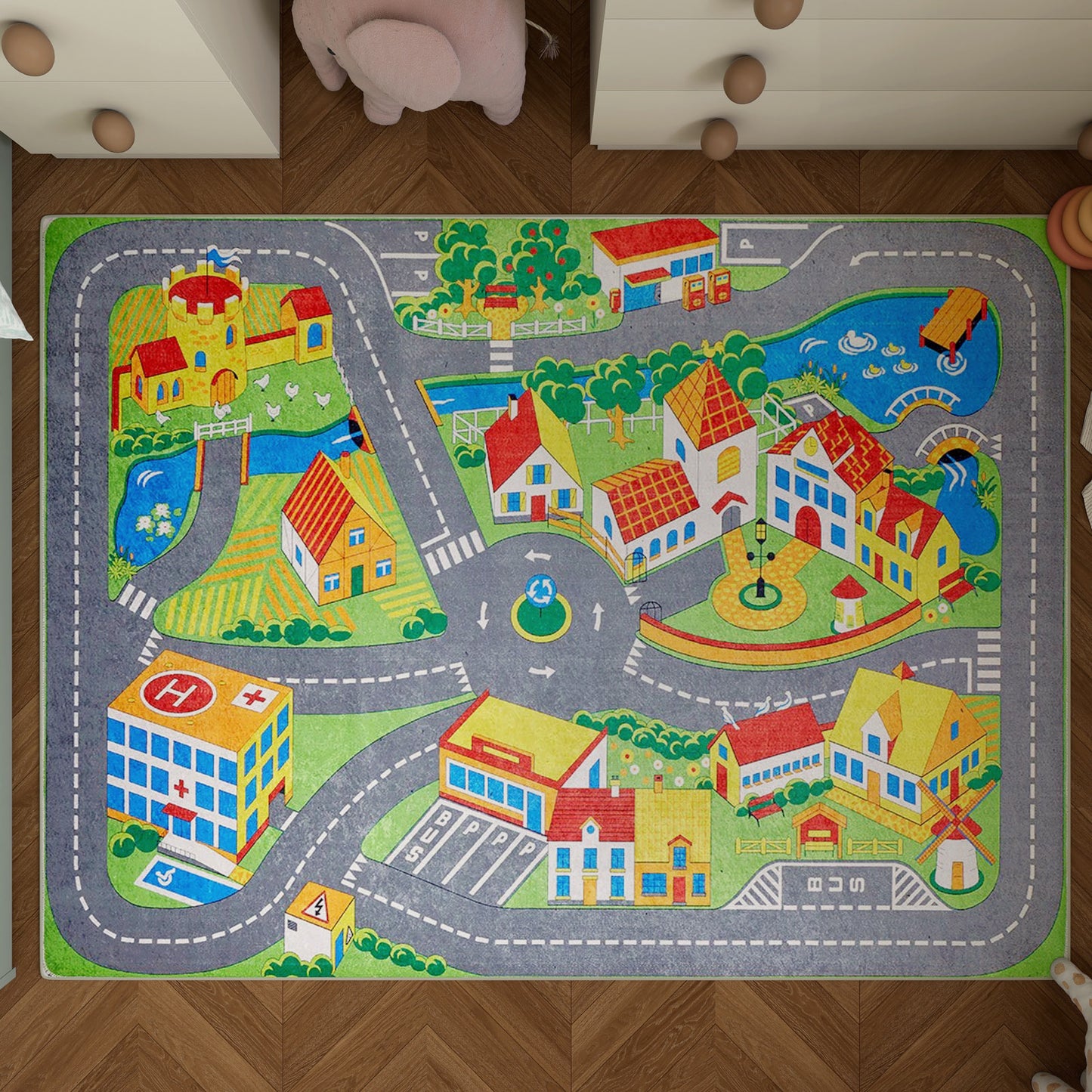 The Zooming Metropolis - Machine-Washable Rug JRC012 features a vibrant cityscape with roads, houses, hospital, parks, and bridges. Ideal for kids’ rooms or busy spaces, its multicolor design brightens playtime and offers lasting durability.