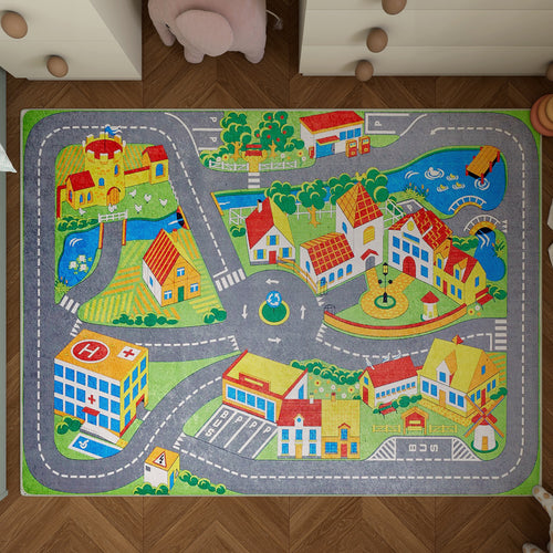 Load image 1 in gallery view. The Zooming Metropolis - Machine-Washable Rug JRC012 features a vibrant cityscape with roads, houses, hospital, parks, and bridges. Ideal for kids’ rooms or busy spaces, its multicolor design brightens playtime and offers lasting durability.
