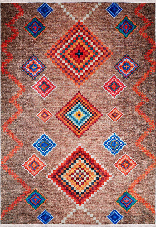 Load image 1 in gallery view. The Kilim Kingdom - Washable Rug - JR1536 (Custom Size) features multicolor geometric diamond patterns in red, orange, blue, and white on a brown background with zigzag accents—ideal for high-traffic areas.