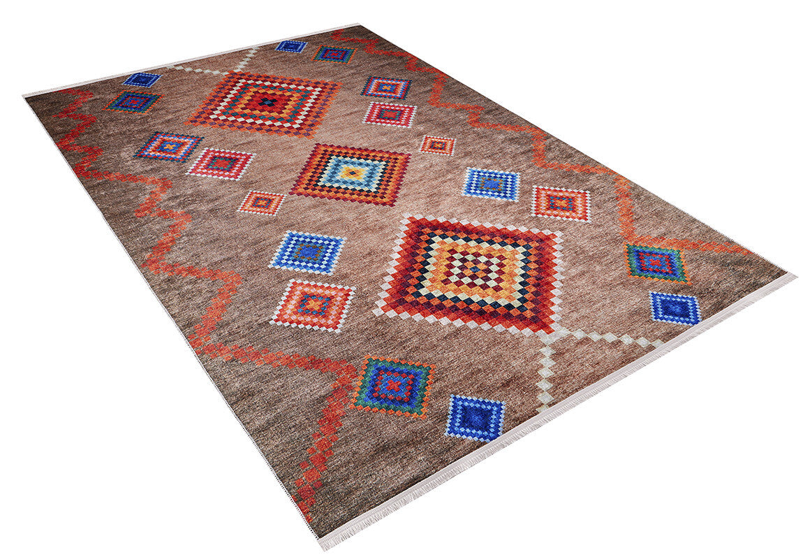 The Kilim Kingdom - Washable Rug - JR1536 (Custom Size) features vibrant red, blue, green, orange, and white diamond and square patterns on a brown background with a thin white fringe—perfect for high-traffic areas.