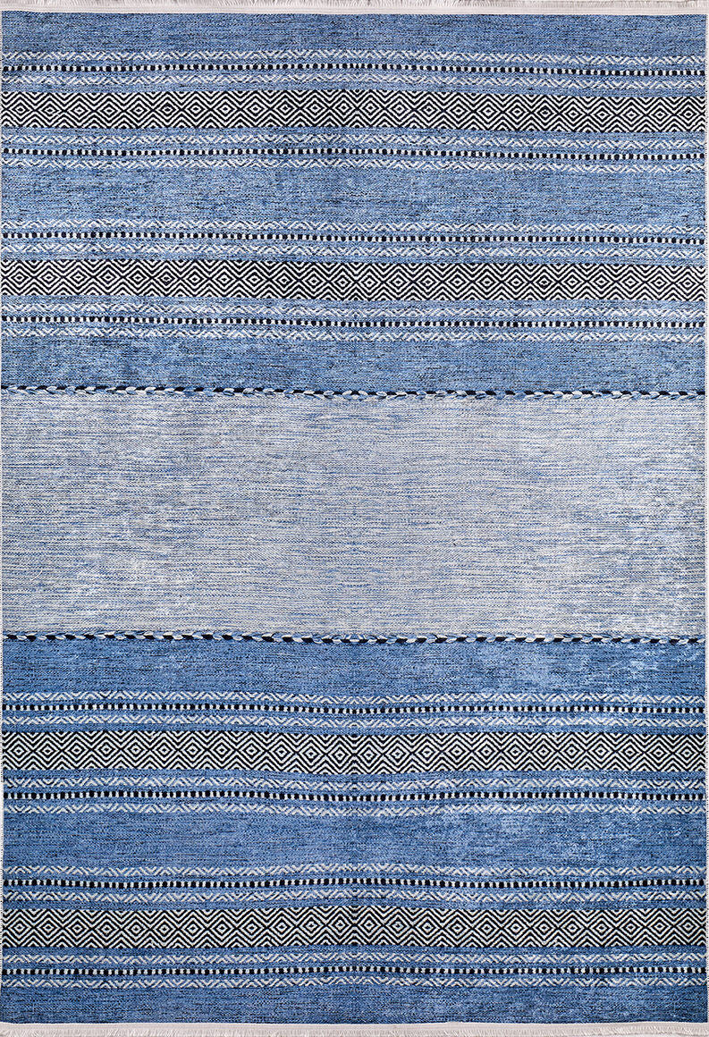 The Layered Lines - Washable Rug - JR1545 (Custom Size) features horizontal stripes, zigzags, and diamond patterns in blue and gray. Its washable design makes it ideal for high-traffic areas, blending style with convenience.