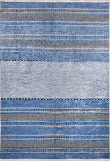 The Layered Lines - Washable Rug - JR1545 (Custom Size) features horizontal stripes, zigzags, and diamond patterns in blue and gray. Its washable design makes it ideal for high-traffic areas, blending style with convenience.