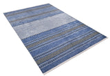 The Layered Lines - Washable Rug - JR1545 (Custom Size) is a blue and gray rectangular rug with horizontal stripes and geometric patterns, including zigzags and diamonds, ideal for high-traffic areas.