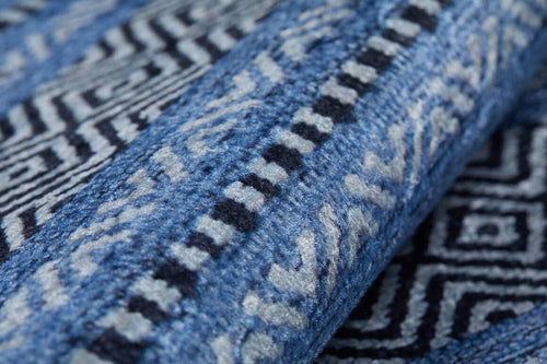 Load image 1 in gallery view. Close-up of Layered Lines - Washable Rug - JR1545 (Custom Size) in blue and white, showing geometric zigzag and square patterns with textured weave—ideal for high-traffic areas and easy to wash.