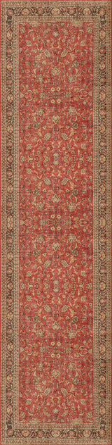 The Legacy Wreath - Washable Rug (JRN1024) features a red background with intricate gold, olive, and brown floral and geometric patterns, plus elaborate borders—blending timeless Persian style with easy care.