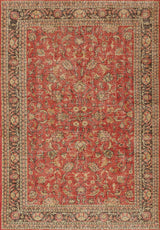 The Legacy Wreath - Washable Rug - JRN1024 (Custom Size) is a rectangular, traditional Persian-style rug featuring an intricate floral pattern in red, beige, and black with a red border and symmetrical central motif.