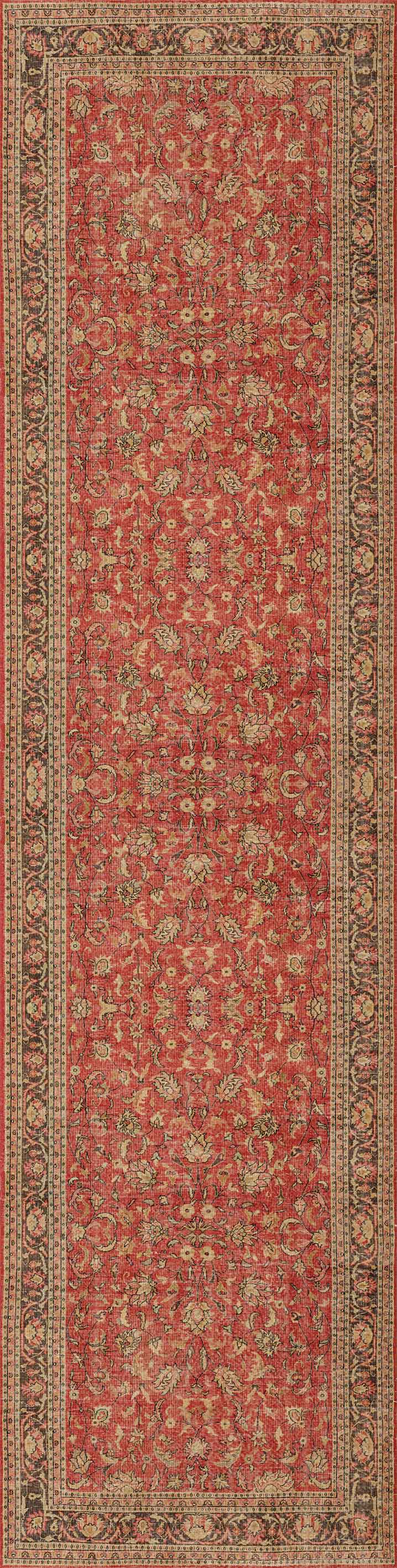 The Legacy Wreath - Washable Rug - JRN1024 (Custom Size) showcases a red border, gold, beige, and green floral-geometric patterns, and decorative symmetrical motifs—ideal for those wanting a timeless traditional look.