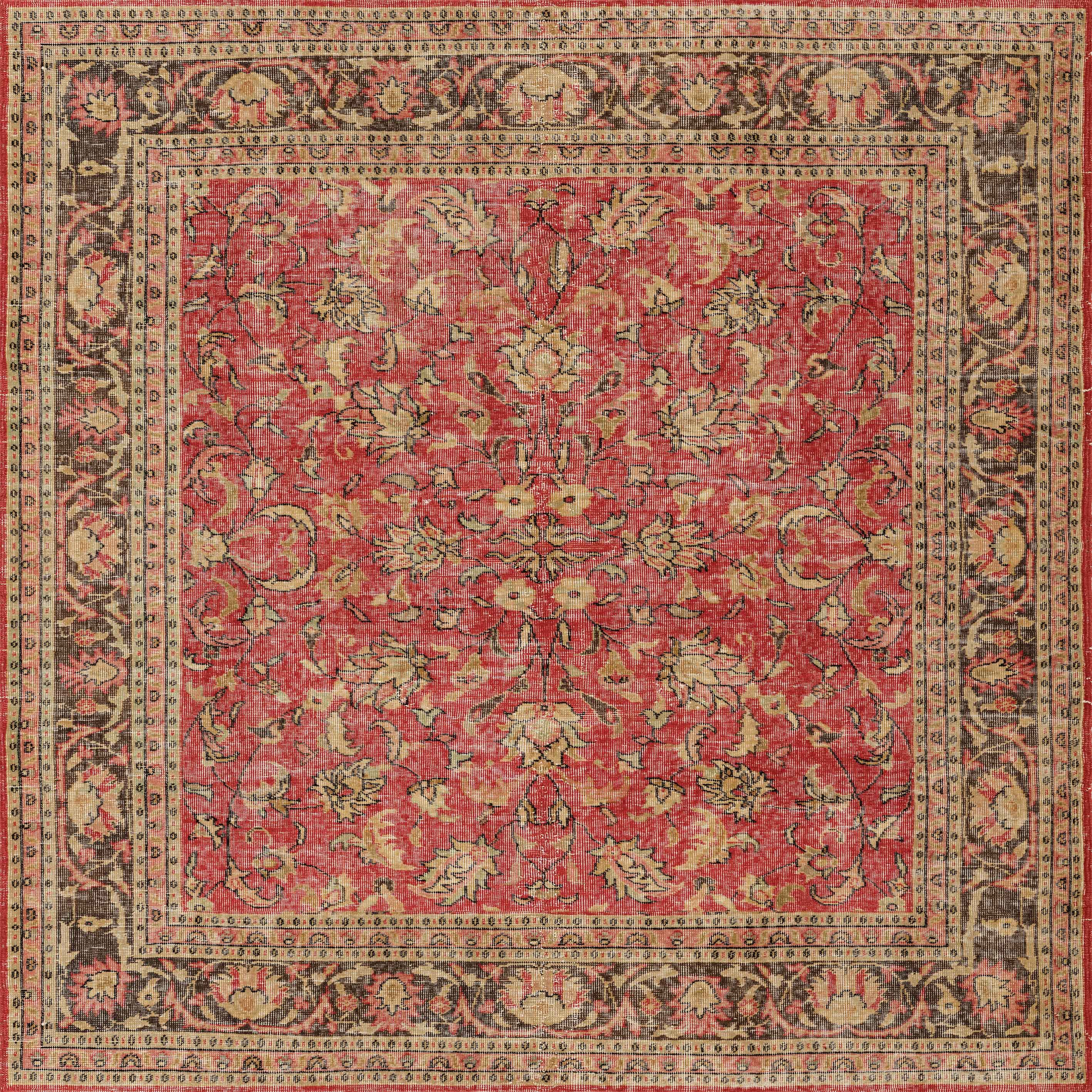 The Legacy Wreath - Washable Rug - JRN1024 (Custom Size) features a rich red background with intricate gold, beige, and brown floral and vine motifs, framed by ornate borders with detailed patterns.
