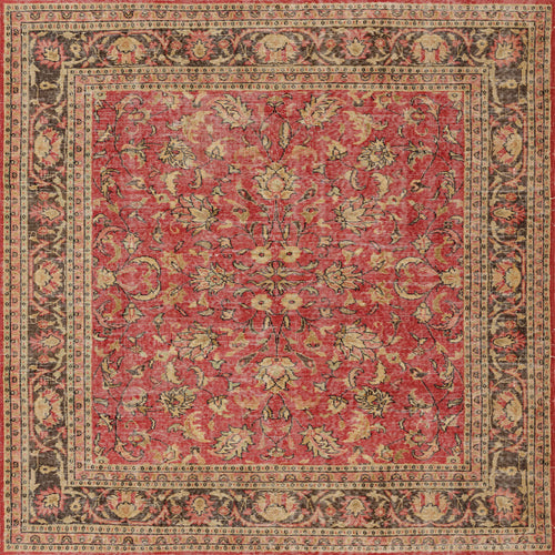Load image 1 in gallery view. The Legacy Wreath - Washable Rug - JRN1024 (Custom Size) features a rich red background with intricate gold, beige, and brown floral and vine motifs, framed by ornate borders with detailed patterns.