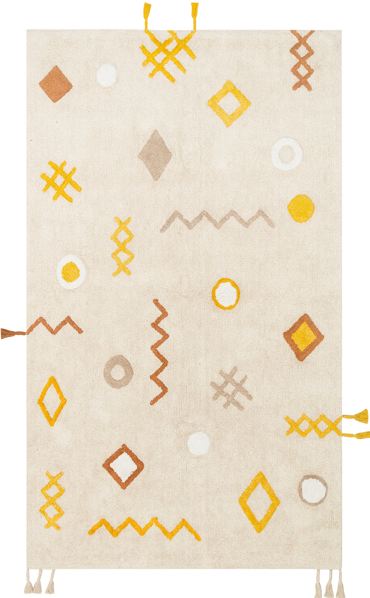 The Little Dream - Washable Shaggy - CBN12 is a beige cotton rug with abstract yellow, brown, and white geometric shapes. This playful kids’ rug features small tassels on the corners and sides for added charm.
