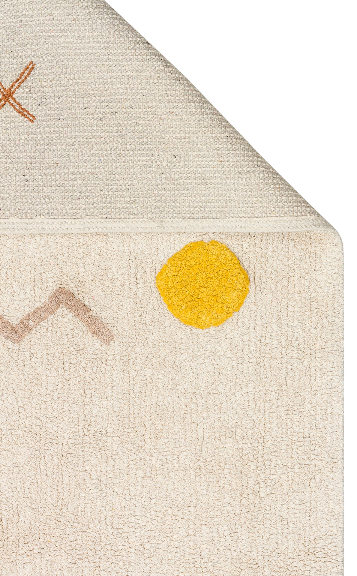 The Little Dream - Washable Shaggy - CBN12 is a beige textured plush cotton rug featuring a yellow circle, brown zigzag, and orange X, shown partially folded at one corner—ideal as a washable shaggy rug for any kids’ room.