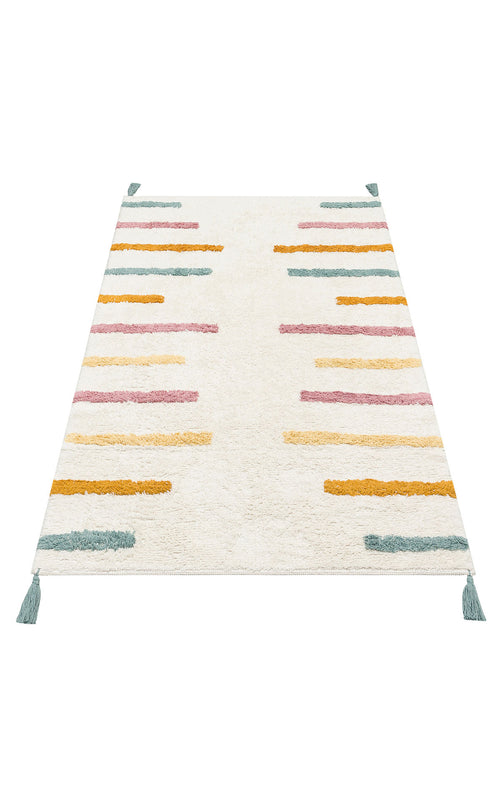 Load image 1 in gallery view. The Little Steps - Washable Shaggy - CBN03 is a rectangular white rug with yellow, pink, and blue horizontal stripes and four blue tassels at each corner—ideal for a playful children's room and adding vibrant charm.