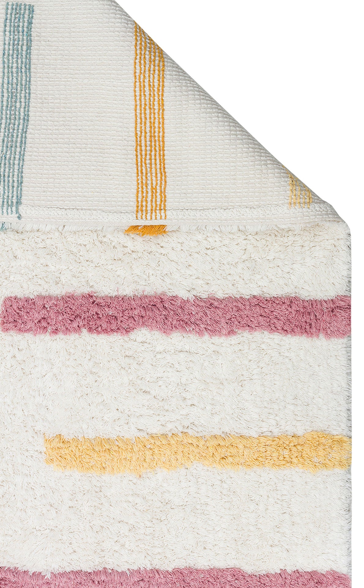 The Little Steps - Washable Shaggy - CBN03 is a white textured rug with horizontal pink and yellow stripes. One corner folds over to show the underside with thin vertical yellow and teal stripes—ideal for a children’s room.