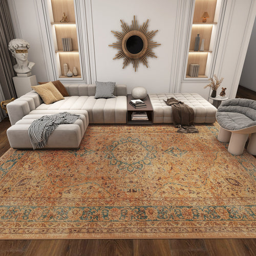 Load image 1 in gallery view. Modern living room with a large beige sectional, accent pillows, sunburst mirror, built-in shelves, classical bust, and the Classic Laurel - Washable Rug - JRN1022 covering the wooden floors.