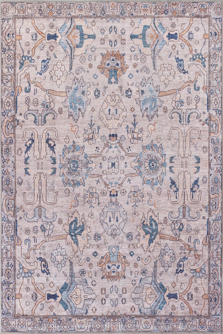 The Luminary Beige Gray Washable Rug - LCC3023 features a square flat weave with an intricate floral and geometric pattern in blue, beige, and tan on a light background, framed by a border of decorative motifs.