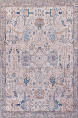 The Luminary Beige Gray Washable Rug - LCC3023 features a square flat weave with an intricate floral and geometric pattern in blue, beige, and tan on a light background, framed by a border of decorative motifs.