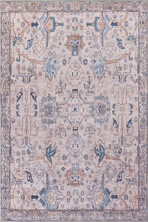 Bild 1 in Galerieansicht laden. The Luminary Beige Gray Washable Rug - LCC3023 features a square flat weave with an intricate floral and geometric pattern in blue, beige, and tan on a light background, framed by a border of decorative motifs.