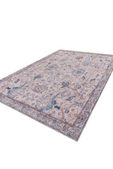 The Luminary Beige Gray Washable Rug (LCC3023) is a rectangular, flat weave rug featuring an intricate blue, beige, and gray floral and vine pattern with a decorative border in a vintage-inspired design.