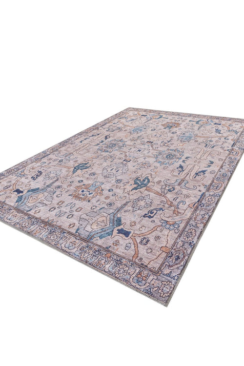 Bild 1 in Galerieansicht laden. The Luminary Beige Gray Washable Rug (LCC3023) is a rectangular, flat weave rug featuring an intricate blue, beige, and gray floral and vine pattern with a decorative border in a vintage-inspired design.