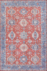 The Lunavale Red Blue Washable Rug - LCC3007 (Custom Size) features a red background, blue and white geometric patterns, an ornate border, and symmetrical motifs—ideal for high-traffic areas while adding bold style to any space.