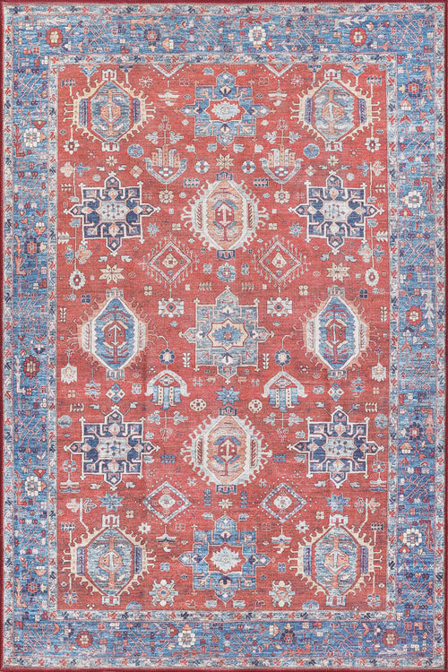 Load image 1 in gallery view. The Lunavale Red Blue Washable Rug - LCC3007 (Custom Size) features a red background, blue and white geometric patterns, an ornate border, and symmetrical motifs—ideal for high-traffic areas while adding bold style to any space.