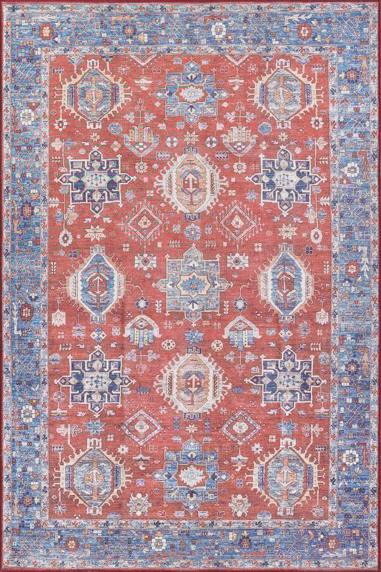 The Lunavale Red Blue Washable Rug - LCC3007 (Custom Size) features a red background, blue and white geometric patterns, an ornate border, and symmetrical motifs—ideal for high-traffic areas while adding bold style to any space.