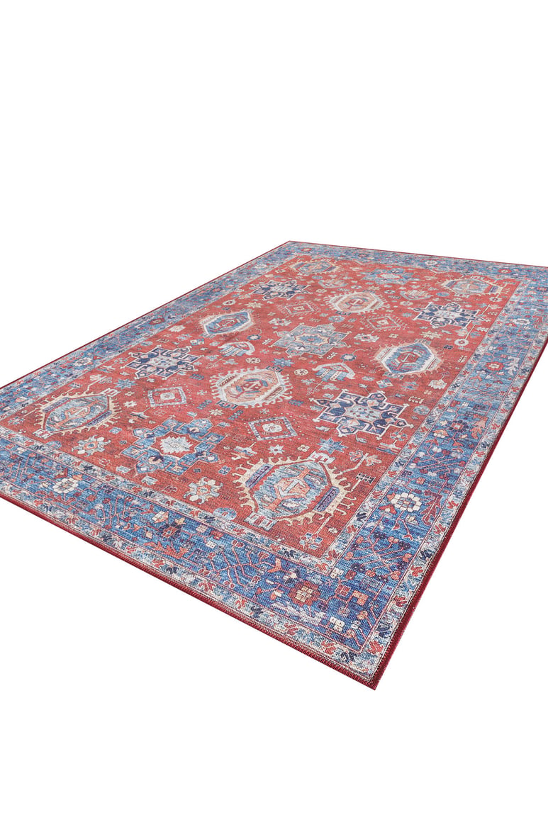 The Lunavale Red Blue Washable Rug - LCC3007 (Custom Size) features vibrant red, blue, and beige geometric and floral patterns with a wide blue border—perfect as a durable, washable rug for high-traffic spaces.