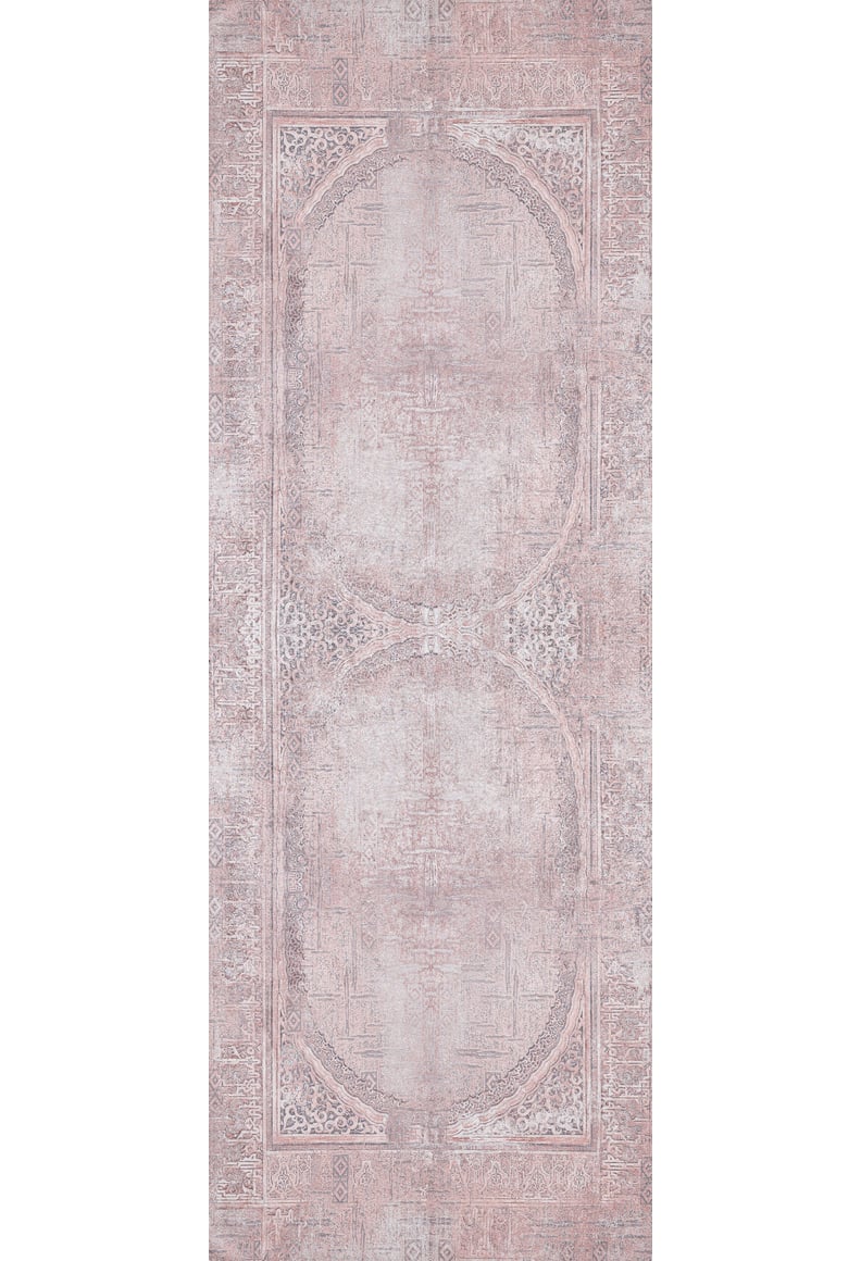 The Luxurious Design - Washable Rug - JR1924 features a faded pink and beige vintage style with intricate symmetrical patterns, decorative borders, and a distressed look—perfect for high-traffic areas.