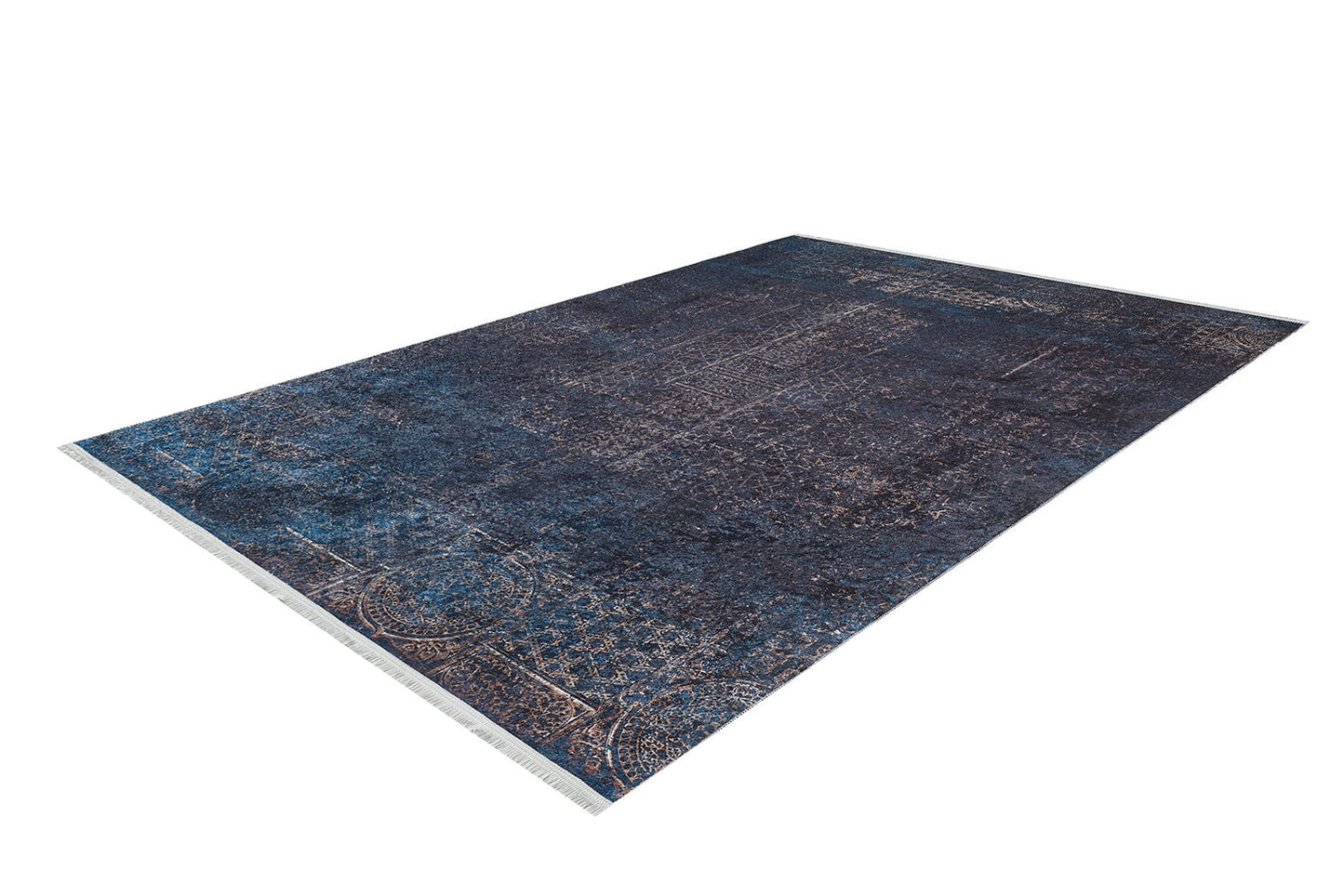 The Luxurious Fleur - Washable Rug - JR1897 (Custom Size) is a large, rectangular dark blue rug with subtle faded patterns and intricate designs, ideal for high-traffic areas and shown angled on a white background.