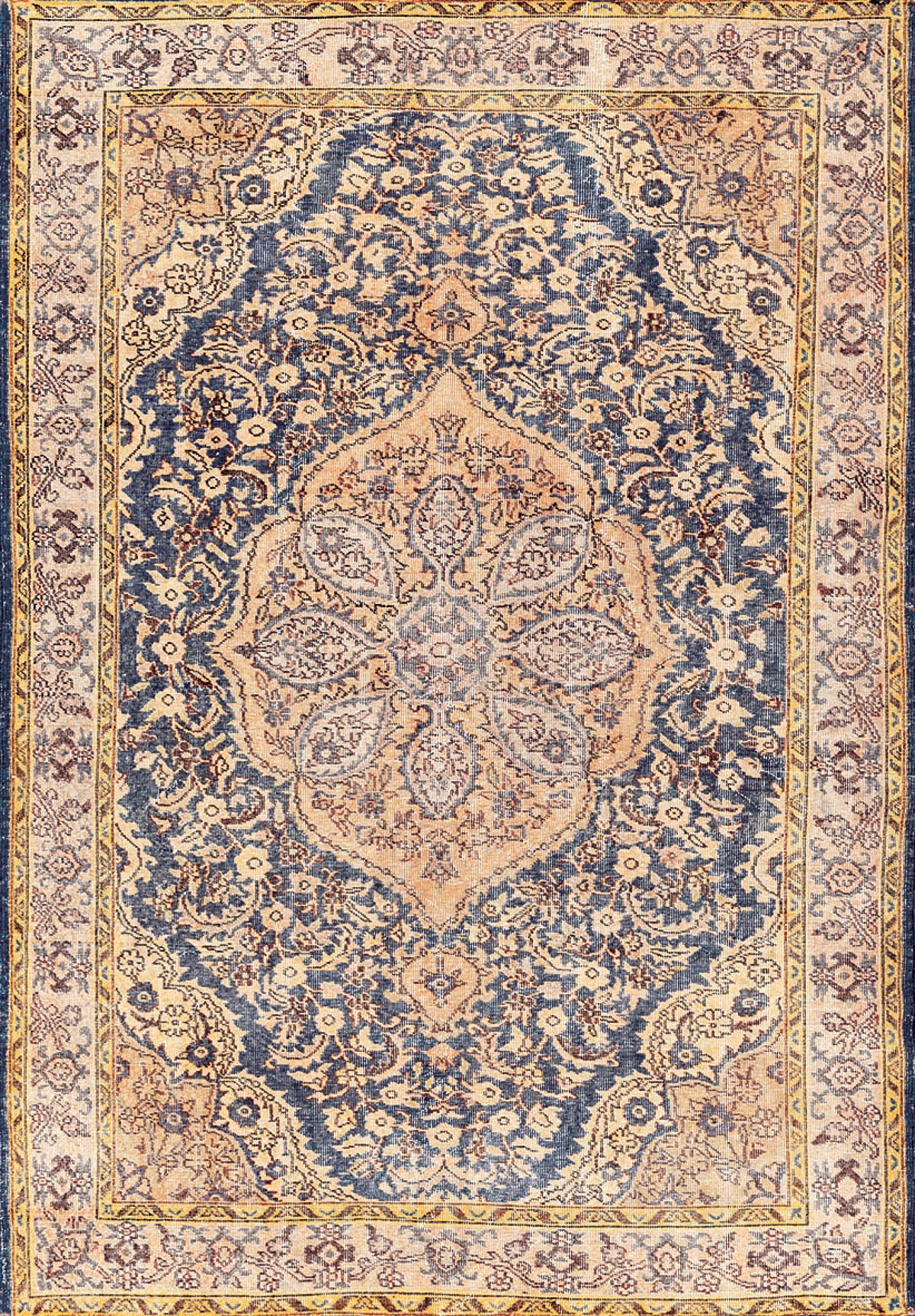The Majestic Crest - Washable Rug - JRN1015 features an ornate traditional design with a central floral medallion, intricate blue and beige patterns, and a detailed floral and vine border.