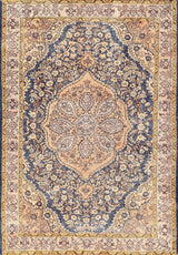The Majestic Crest - Washable Rug - JRN1015 features an ornate traditional design with a central floral medallion, intricate blue and beige patterns, and a detailed floral and vine border.