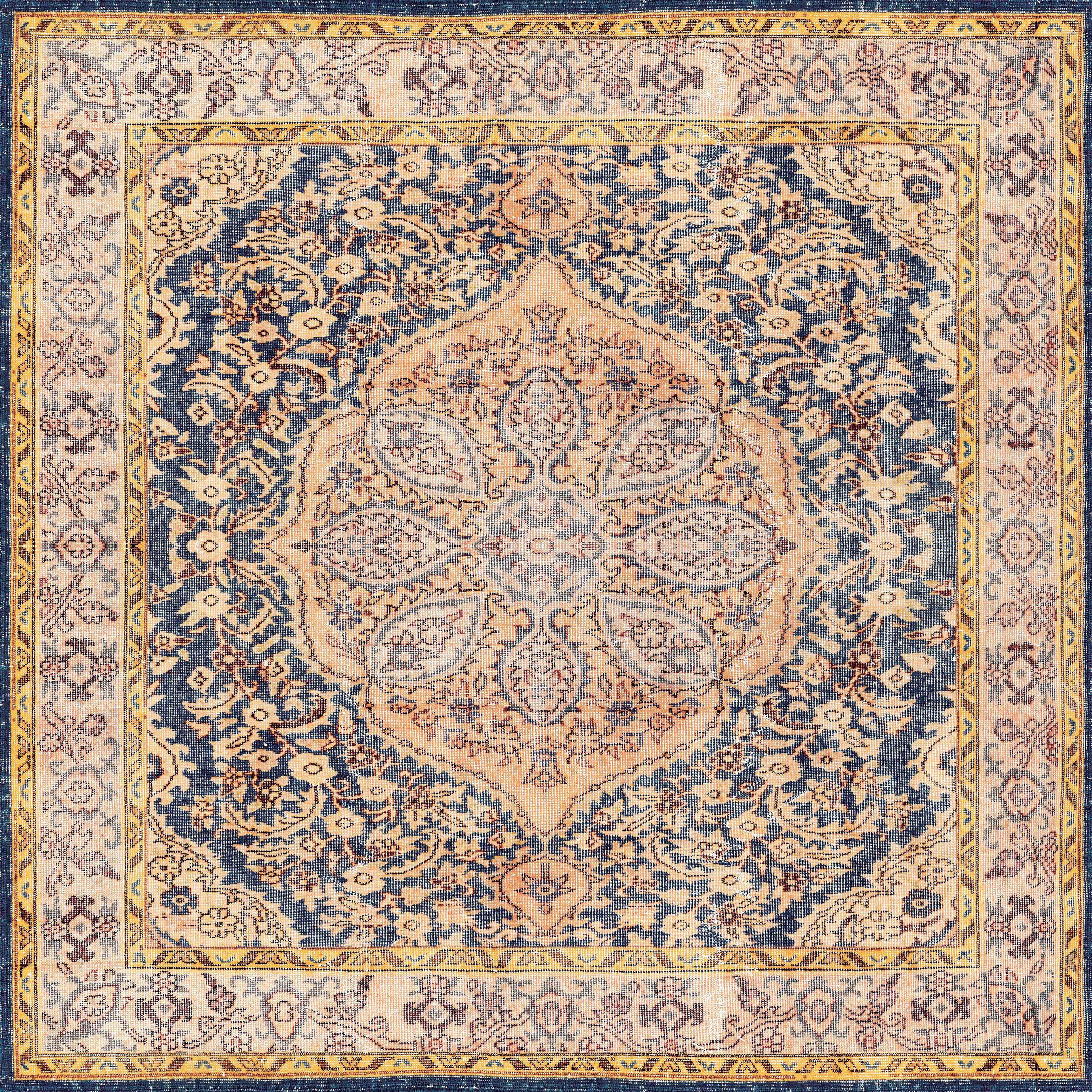 The Majestic Crest - Washable Rug (JRN1015) features a Persian-inspired central medallion in beige, blue, and peach, with intricate floral patterns and a detailed border for a timeless, richly detailed look.
