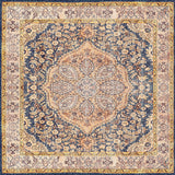 The Majestic Crest - Washable Rug (JRN1015) features a Persian-inspired central medallion in beige, blue, and peach, with intricate floral patterns and a detailed border for a timeless, richly detailed look.