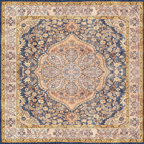 Load image 1 in gallery view. The Majestic Crest - Washable Rug (JRN1015) features a Persian-inspired central medallion in beige, blue, and peach, with intricate floral patterns and a detailed border for a timeless, richly detailed look.