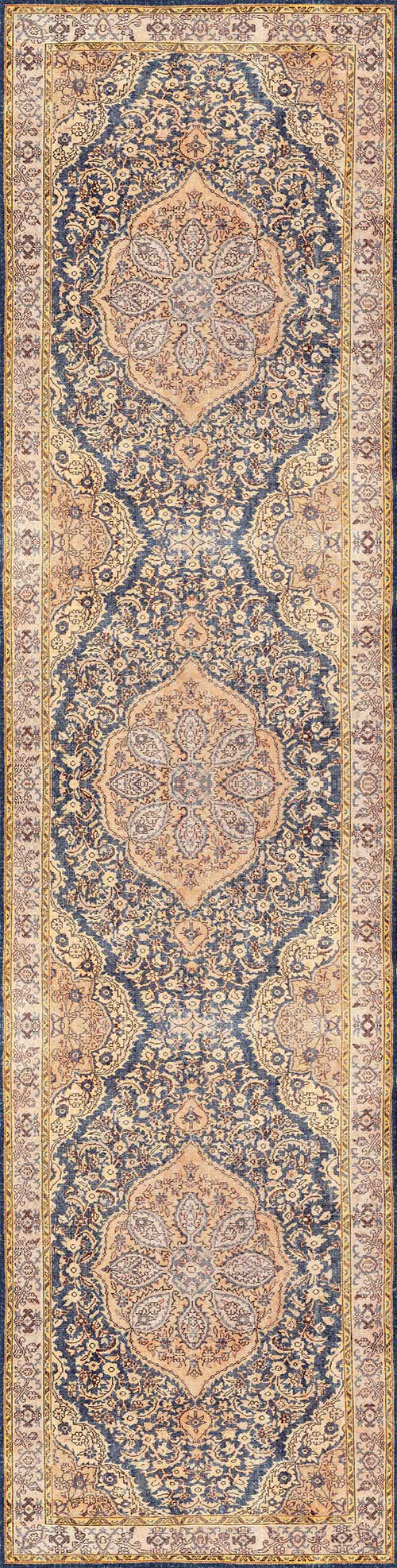 Load image 1 in gallery view. The Majestic Crest - Washable Rug (JRN1015) is a long, Persian-style area rug featuring detailed floral and geometric patterns in blue, beige, and tan, highlighted by three central medallions and ornate borders.
