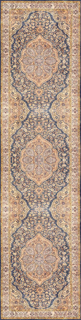 The Majestic Crest - Washable Rug - JRN1015 (Custom Size) features an intricate Persian medallion and floral pattern in blue, beige, and tan, with three large medallions vertically centered—ideal for classic interiors.