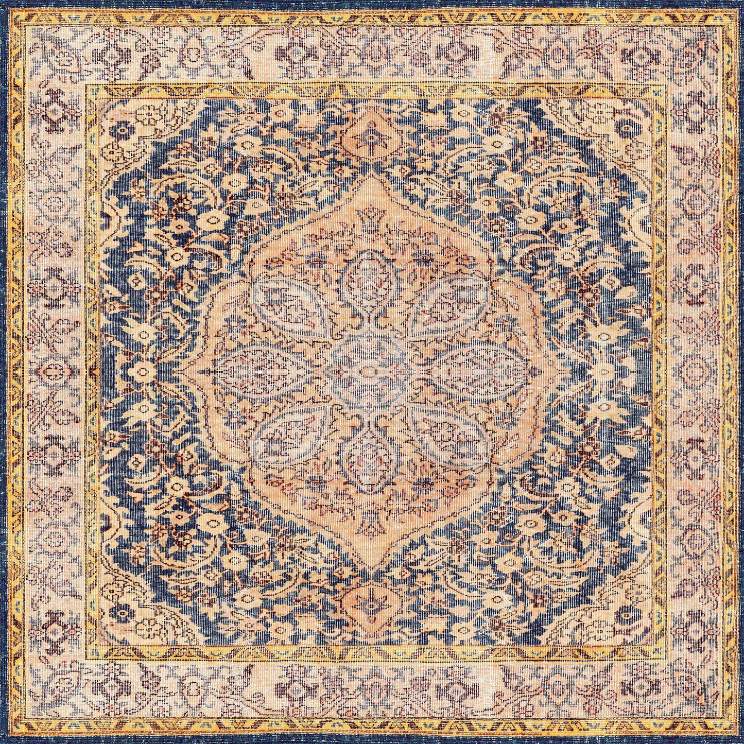 The Majestic Crest - Washable Rug - JRN1015 (Custom Size) features a Persian-inspired medallion in blue, beige, and gold with ornate borders—an elegant, washable choice for traditional spaces.