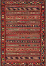The Majestic Loom - Washable Rug - JRN1003 features colorful Southwestern-inspired rows of geometric shapes, diamonds, and florals in red, blue, green, beige, and gold with a detailed patterned border—bringing vibrant style to any space.