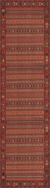 The Majestic Loom - Washable Rug - JRN1003 features intricate geometric patterns and horizontal stripes in red, yellow, black, and white with repeating diamond and zigzag motifs, framed by decorative borders for stylish convenience.