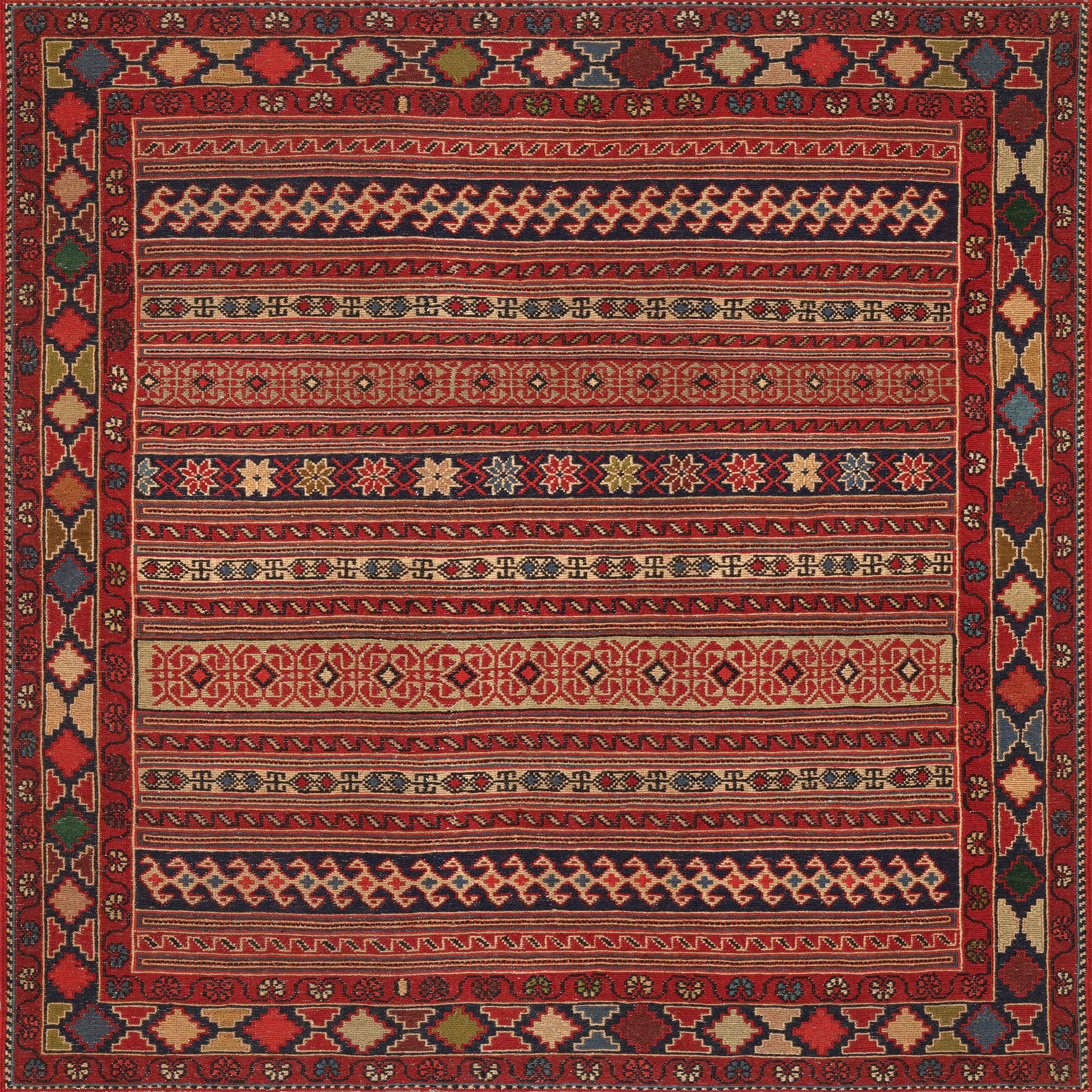 The Majestic Loom - Washable Rug - JRN1003 (Custom Size) features traditional flat weave construction with intricate red, black, and beige geometric and floral patterns, accented by repeating diamond and floral borders.