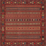 The Majestic Loom - Washable Rug - JRN1003 (Custom Size) features traditional flat weave construction with intricate red, black, and beige geometric and floral patterns, accented by repeating diamond and floral borders.