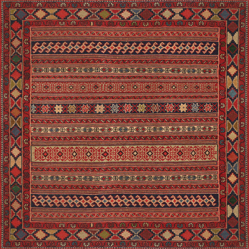Load image 1 in gallery view. The Majestic Loom - Washable Rug - JRN1003 (Custom Size) features traditional flat weave construction with intricate red, black, and beige geometric and floral patterns, accented by repeating diamond and floral borders.
