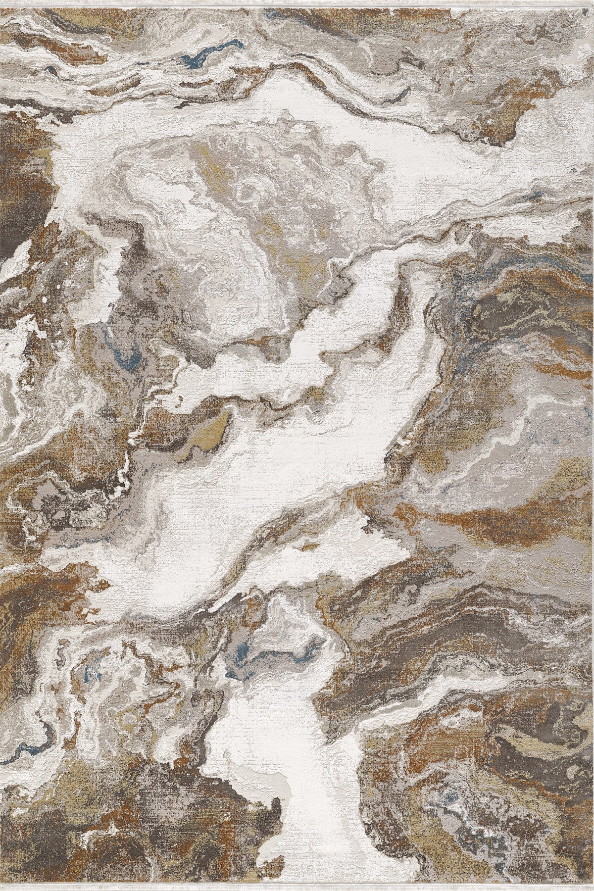 The Majestic Marble Premium Area Rug - M673M features swirling patterns in white, brown, beige, and hints of blue, creating a layered marble effect with flowing textures.