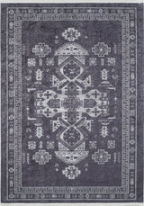 The Majestic Symbol - Washable Rug - JR1892 (Custom Size) is a rectangular flat weave with a dark gray base, white geometric and floral motifs, a central symmetrical design, and decorative borders—stylish and easy to maintain.