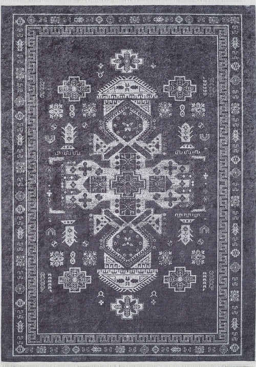 Load image 1 in gallery view. The Majestic Symbol - Washable Rug - JR1892 (Custom Size) is a rectangular flat weave with a dark gray base, white geometric and floral motifs, a central symmetrical design, and decorative borders—stylish and easy to maintain.